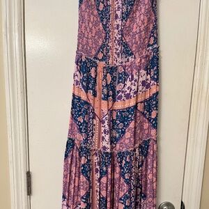 Pink and Blue Boho Maxi Strapless